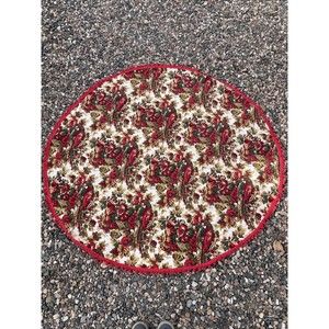 VTG Mid Century Oval Red Tablecloth Pom Poms Pheasant Fruit Floral 53” X 56”